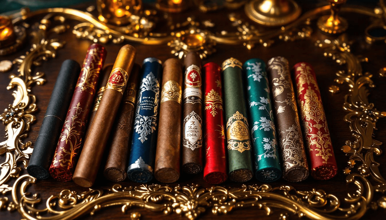 An assortment of custom cigar wrappers displayed elegantly.