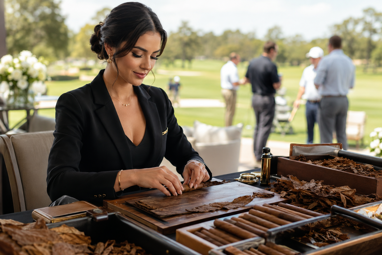 Cigar roller for golf tournament events hand rolling cigars at a luxury country club sponsor lounge